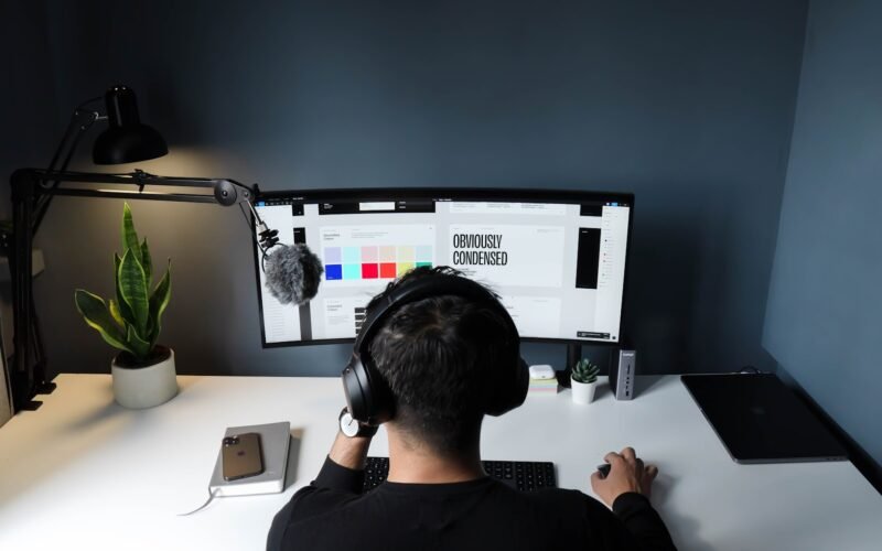 man in black shirt sitting in front of computer